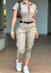 Women's Fashion Zipper Cargo Jumpsuit Short-Sleeved Turndown Collar Pocket Belt Jumpsuit