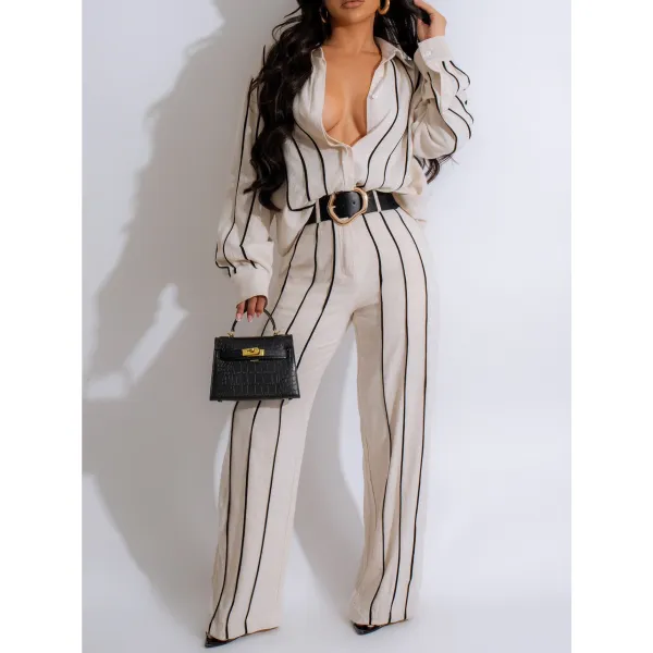 Women's Spring Autumn Stripes Patchwork Stripes Long Sleeve Linen Shirt Pants Two-Piece Set