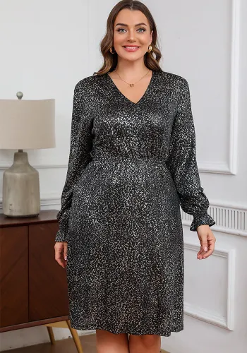 Plus Size Sexy Slim Waist V Neck Long Sleeve Midi Dress