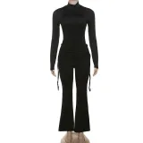 Autumn Fashion Solid Color Casual High-Neck Drawstring Top Slim Trousers Two Piece Set