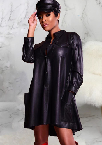 Women's Autumn Winter Pu Leather Loose Solid Color Patch Pocket Stand Collar Dress