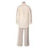 Women's Spring Autumn Stripes Patchwork Stripes Long Sleeve Linen Shirt Pants Two-Piece Set