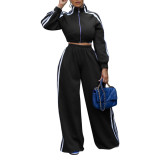 Women's Autumn Winter Sports Striped Jacket Loose Pants Two-Piece Set