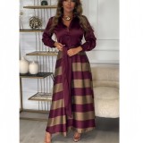 Women Autumn Fake Two-piece Long-sleeved Shirt Lace-up Striped Dress