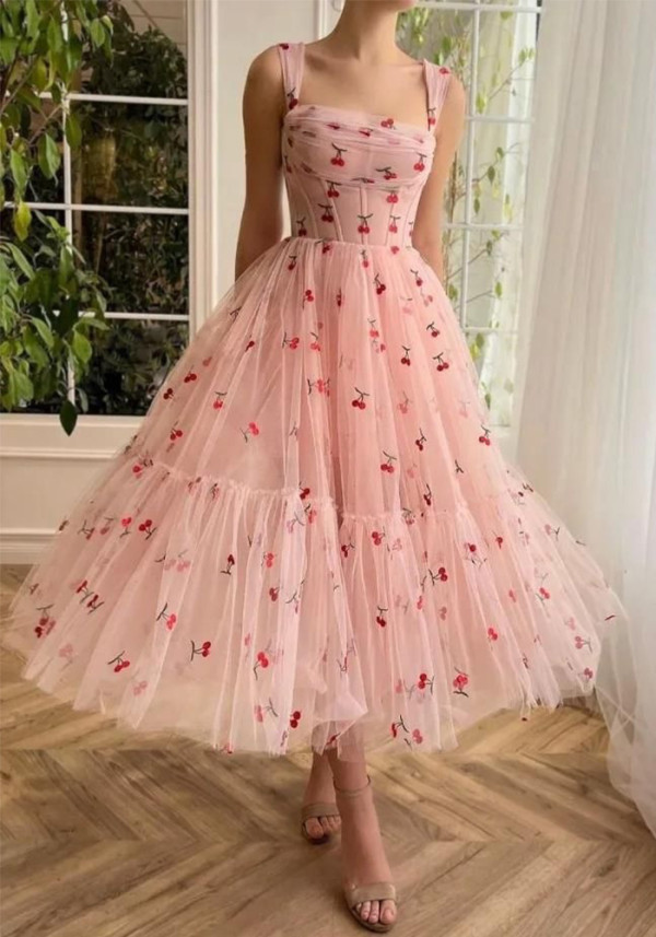 Strap Floral A-Line Mesh Short Party Dress For Women（Processing time need 3-6 days）