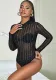 Black Long Sleeve Shiny Mesh See-Through Bodysuit For Women Spring Autumn Outdoor Wear