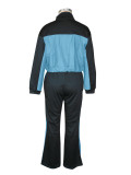 Women Fall/Winter Denim Patchwork Jacket Trousers Two Piece Set
