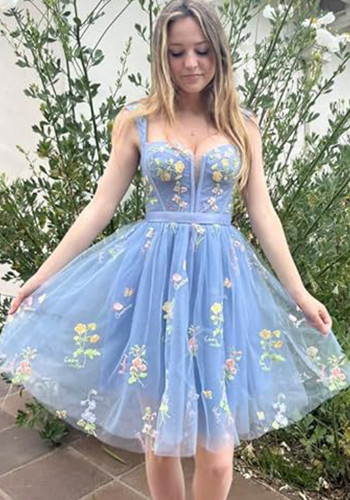 Flower Embroidered Strap A-Line Mesh Short Evening Dress（Processing time need 3-6 days）