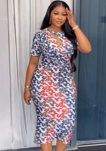 Contrast Color Printed Hollow Bodycon Back Slit Dress