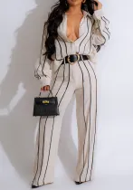 Women's Spring Autumn Stripes Patchwork Stripes Long Sleeve Linen Shirt Pants Two-Piece Set