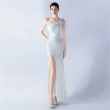 Women Beaded One Shoulder Slash Shoulder Split Sequin Evening Dress