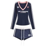 Women American Retro V-neck Contrast Print Long-sleeved T-shirt Sports Shorts Two Piece Set
