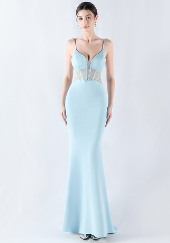 Women fishbone Fitted Mesh Beaded Bodycon fishtail evening dress