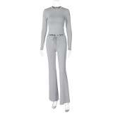 Women Autumn and Winter Crop Long Sleeve Top Lace Bell Bottom PantTwo Piece Set