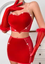 Women Red Heart Print See-Through Mesh Lingerie Set