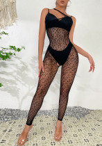 Women Backless See-Through Mesh Leopard Print Halter Neck Sexy Jumpsuit