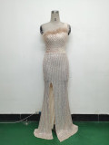 Women Beaded One Shoulder Slash Shoulder Split Sequin Evening Dress