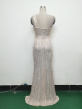Women Beaded One Shoulder Slash Shoulder Split Sequin Evening Dress