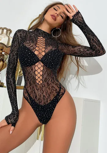 Women Beaded Long Sleeve Backless Mesh Bodystocking Lingerie