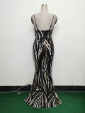 Women sequined striped color matching maxi evening dress