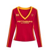 Women American Retro V-neck Contrast Print Long-sleeved T-shirt Sports Shorts Two Piece Set