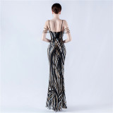 Women sequined striped color matching maxi evening dress
