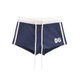 Women American Retro V-neck Contrast Print Long-sleeved T-shirt Sports Shorts Two Piece Set