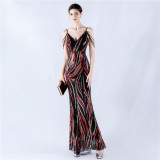 Women sequined striped color matching maxi evening dress