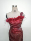Women Beaded One Shoulder Slash Shoulder Split Sequin Evening Dress