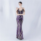 Women sequined striped color matching maxi evening dress