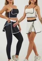 Women Colorblock Sports Vest Fitness Skirt Two Piece Set