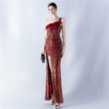Women Beaded One Shoulder Slash Shoulder Split Sequin Evening Dress