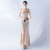 Women Beaded One Shoulder Slash Shoulder Split Sequin Evening Dress