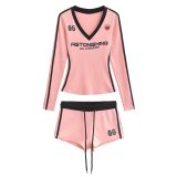 Women American Retro V-neck Contrast Print Long-sleeved T-shirt Sports Shorts Two Piece Set