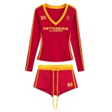 Women American Retro V-neck Contrast Print Long-sleeved T-shirt Sports Shorts Two Piece Set