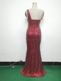 Women Beaded One Shoulder Slash Shoulder Split Sequin Evening Dress