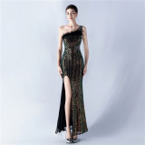 Women Beaded One Shoulder Slash Shoulder Split Sequin Evening Dress