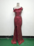 Women Beaded One Shoulder Slash Shoulder Split Sequin Evening Dress