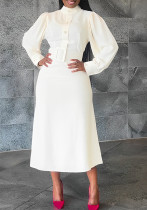 Women Solid Mid-High Neck Long Sleeve Dress