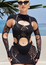 Women Solid High Neck Patchwork Ripped Long Sleeve Sexy Dress