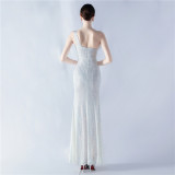 Women Beaded One Shoulder Slash Shoulder Split Sequin Evening Dress