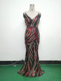 Women sequined striped color matching maxi evening dress