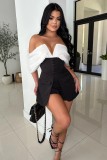 Women Sexy Black and White Colorblock Off Shoulder Jumpsuit