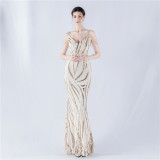 Women sequined striped color matching maxi evening dress