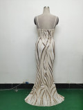 Women sequined striped color matching maxi evening dress