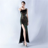 Women Beaded One Shoulder Slash Shoulder Split Sequin Evening Dress