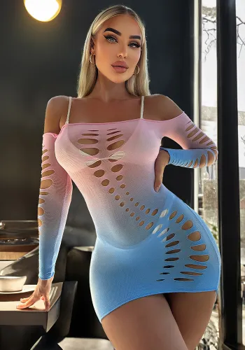 Women seductive hollow gradient powder blue strapless dress sexy lingerie