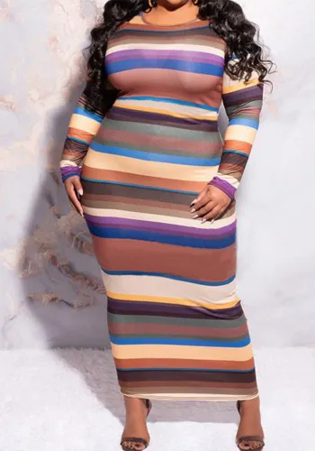 Plus Size Women Round Neck Long Sleeve Bodycon Dress