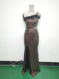 Women Beaded One Shoulder Slash Shoulder Split Sequin Evening Dress