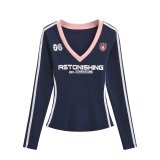 Women American Retro V-neck Contrast Print Long-sleeved T-shirt Sports Shorts Two Piece Set
